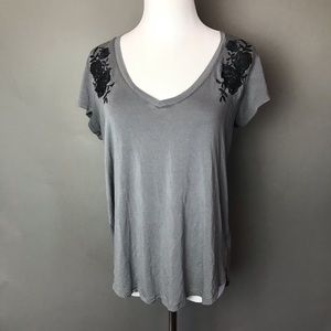 American Eagle Gray & Black Lace Detail V-Neck Tee
